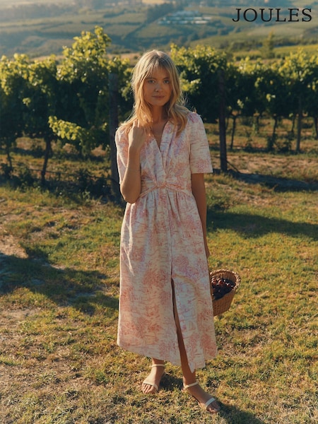 Joules Marina Pink/White Toile de Jouy Linen Blend Knot Front Dress (E01625) | kr1 414