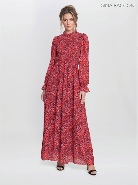 Gina Bacconi Red Thea Sheered Long Sleeve Dress (E01627) | 894 LEI
