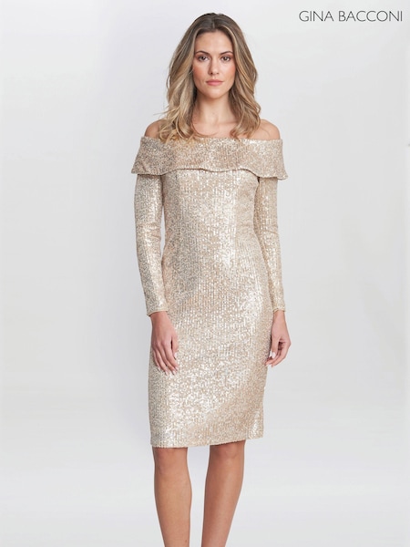 Gina Bacconi Natural Anthea Off The Shoulder Sequin Dress (E01630) | €147
