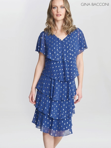Gina Bacconi Blue Juliette Foil Print Tier Dress (E01638) | €140