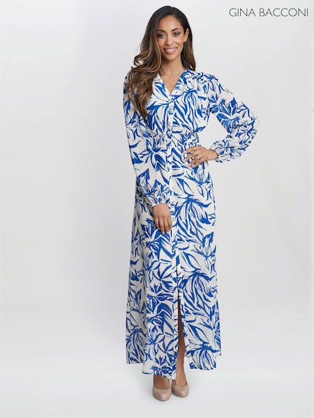 Gina Bacconi Blue Judy Button Neck Long Sleeve Dress (E01648) | $170