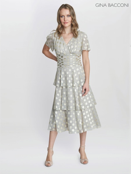 Gina Bacconi Gold Cassie Polka Dot Midi Tier Dress (E01654) | €159