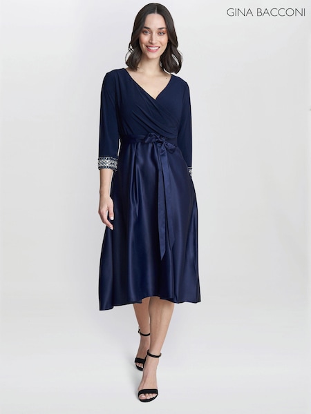 Gina Bacconi Blue Doris Petite Midi High Low Dress With Tie Belt (E01655) | €179