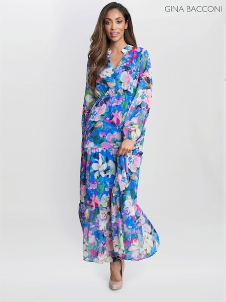 Gina Bacconi Blue Iona Print Stand Collar Dress (E01658) | ‏577 د.إ.‏