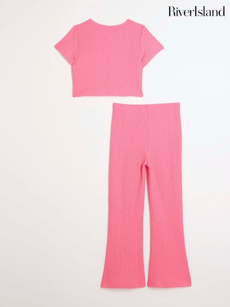 River Island Girls Textured 100% Cottton T-Shirt and Kickflare Trousers Set (E01665) | 89 LEI