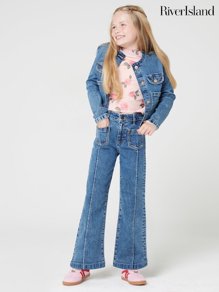 River Island Blue Girls Seam Front Pocket Flare 100% Cotton Jeans (E01668) | €37