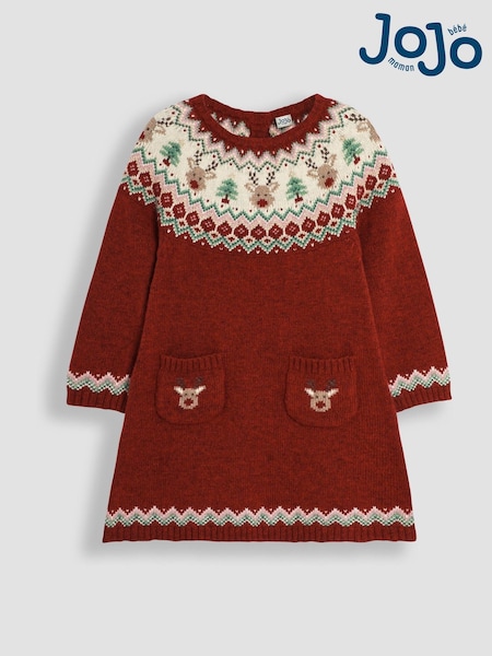 JoJo Maman Bébé Red Reindeer Christmas Knitted Dress (E01702) | €59