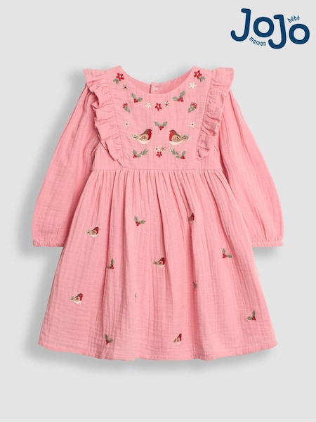 JoJo Maman Bébé Pink Robin Embroidered Cheesecloth Frill Dress (E01705) | €44