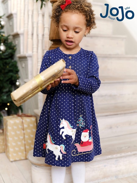 JoJo Maman Bébé Navy Santa and Unicorn Appliqué Button Front Dress (E01712) | €38