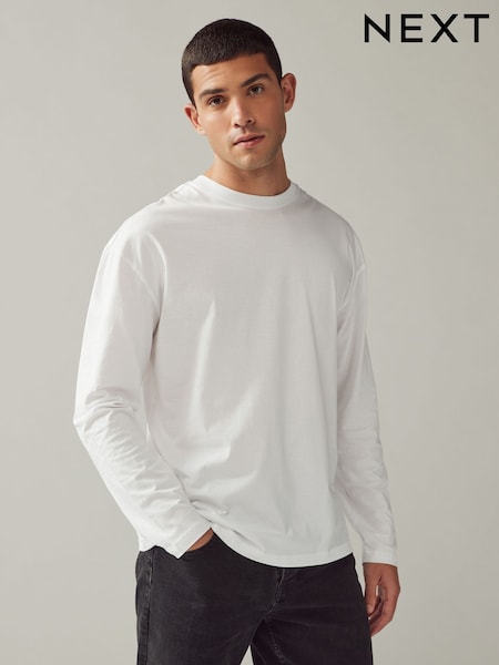 White Relaxed Fit Long Sleeve Crew Neck T-Shirt (E01720) | €8