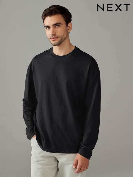 Black Relaxed Fit Long Sleeve Crew Neck T-Shirt (E01721) | 28 SAR