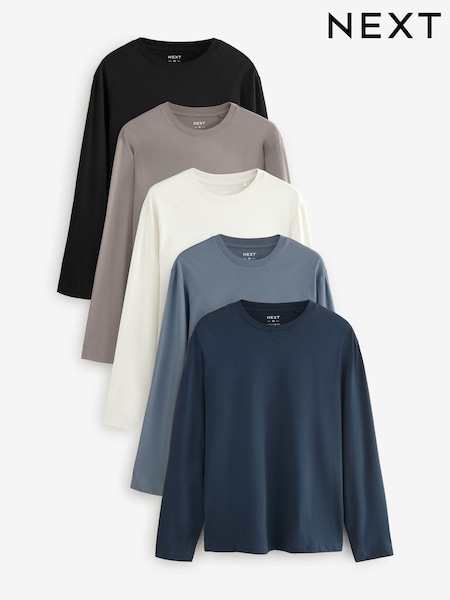Blues/Grey/Neutrals Regular Fit Regular Fit Long Sleeve 100% Cotton T-Shirts 5 Pack (E01732) | €66