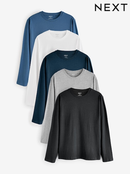 Black/White/Grey/Blue Slim Fit Regular Fit Long Sleeve 100% Cotton T-Shirts 5 Pack (E01736) | €54