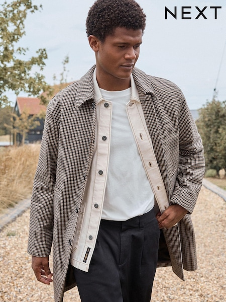 Brown Check Car Coat with Wool (E01738) | $165