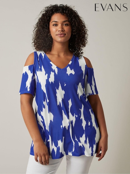 Evans Blue Curve Abstract Print Cold Shoulder Top (E01762) | €18