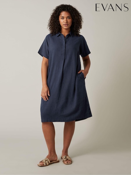 Evans Blue Linen Dress (E01768) | €31