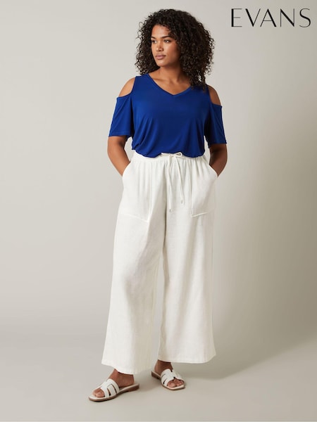 Evans Curve White Linen Wide Leg Trousers (E01776) | 150 LEI