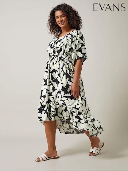 Evans Leaf Print Dipped Hem Black Midi Dress (E01777) | €63