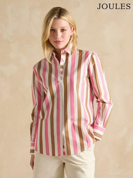Joules Amilla Pink & Tan Stripe Longline Relaxed Fit Shirt (E01783) | R$ 640