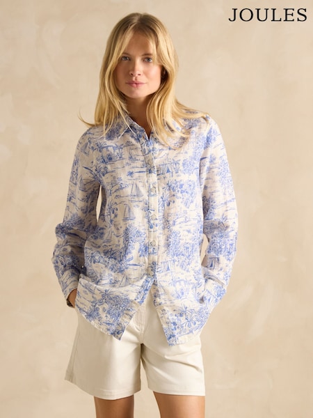 Toile de Jouy albastru/alb - Cămașă Joules Maeva Relaxed Fit 100% din in (E01787) | 514 LEI