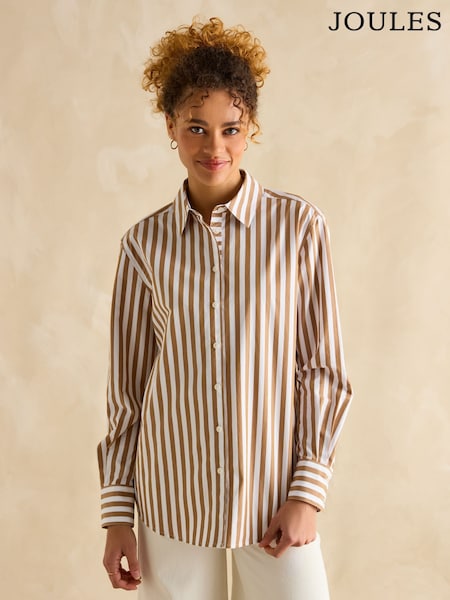 Joules Amilla Tan & White Stripe Longline Relaxed Fit Shirt (E01795) | $100