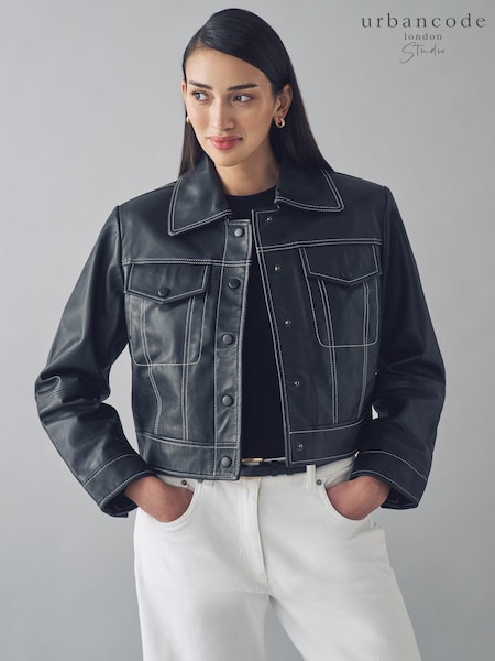 Urban Code Leather Contrast Stitch Cropped Jacket (E01865) | ‏437 د.إ.‏