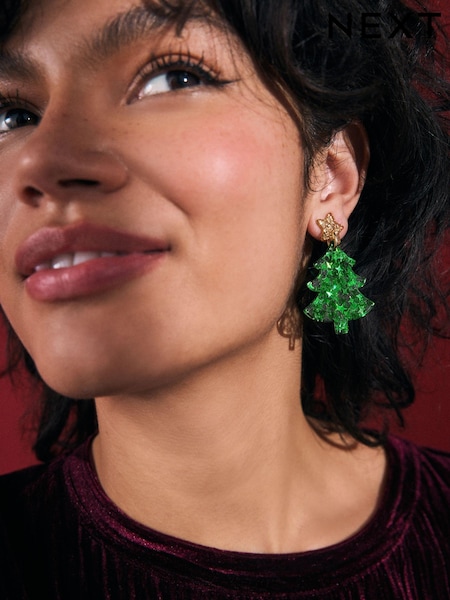 Glitter Green Christmas Tree Earrings (E01883) | AED17