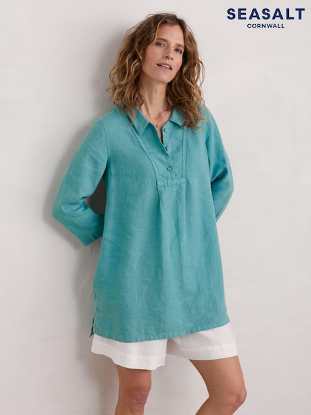 Seasalt Cornwall Green Tide Clock 3/4 Sleeve 100% Linen Tunic (E01941) | €44.50