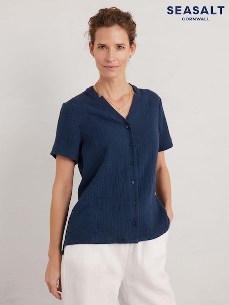 Seasalt Cornwall Blue 100% Cotton Castle Short Sleeve Shirt (E02020) | €31
