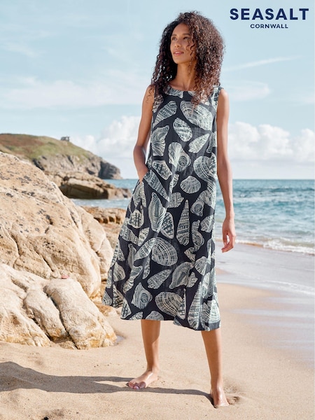 Seasalt Cornwall Blue Cresting Waves Sleeveless 100% Linen Dress (E02025) | €59