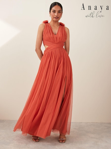 Anaya With Love Orange Ruffle Shoulder Cut Out Tulle Maxi Dress (E02100) | €48