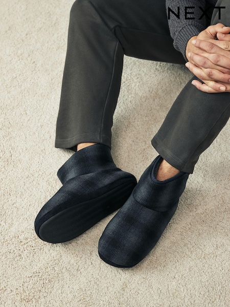 Navy Borg Lined Checked Boot Slippers (E02151) | €13