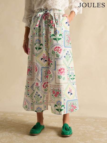 Joules Cream Tile Print Cotton Poplin Midi Skirt (E02221) | ₪277