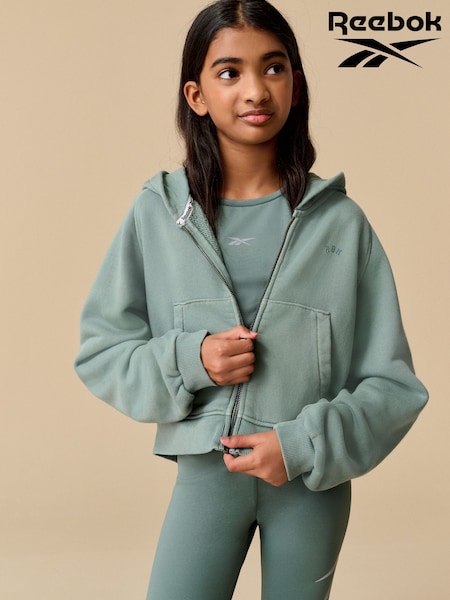 Reebok Girls Oversized Washed Khaki Green 100% Cotton Cropped Zip Through Hoodie (E02249) | €31 - €37