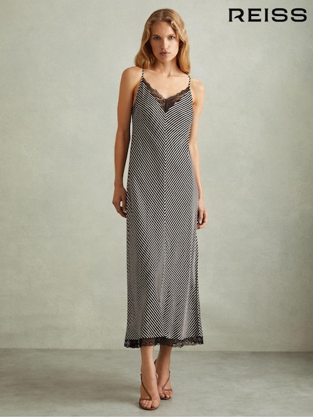 Reiss Black Camilla Striped Lace Trim Midi Dress (E02267) | €84