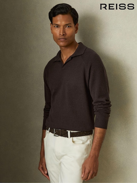Reiss Chocolate Brown Grange Wool-Cashmere Open-Collar Polo Shirt (E02274) | €95