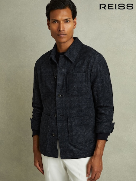 Reiss Navy Melange Quartz Checked Button Through Worker Jacket (E02278) | AED1,930