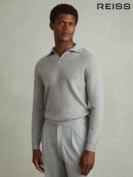Reiss Soft Grey Melange Grange Wool-Cashmere Open-Collar Polo Shirt (E02283) | $240