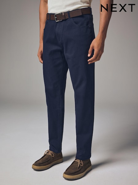 Navy Blue Straight Fit Belted Textured 5 Pocket Trousers (E02312) | €21