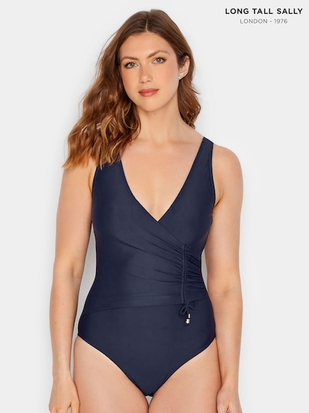 Albastru - Costum de baie lung cu detaliu lateral încrețit Înalt Sally (E02672) | 163 LEI