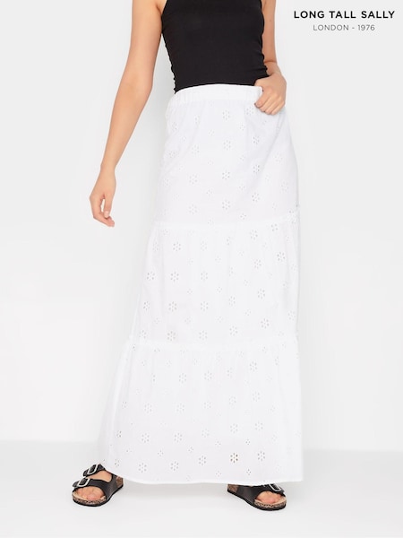 Long Tall Sally White 100% Cotton Broderie Anglaise Tiered Maxi Skirt (E02717) | €26