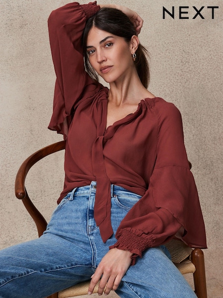 Rosewood Gathered Tie Neck Volume Sleeve Blouse (E02726) | AED67