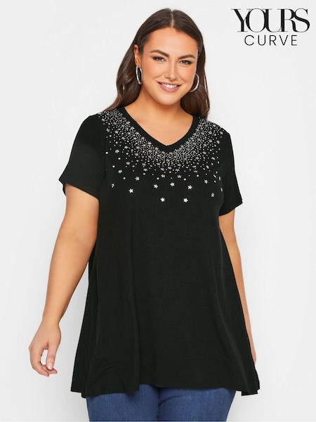 Yours Curve Black Embellished V-Neck T-Shirt (E02759) | €31