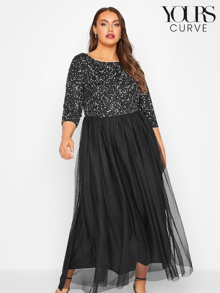 Черный - Yours Curve Luxe Embellished Long Sleeve Maxi Dress (E02763) | €66