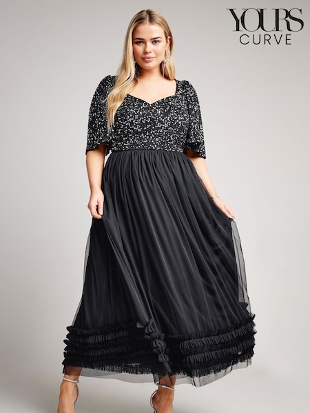 Negru - Yours Curve Luxe Paiete Volănașe Hem Rochie lungă (E02794) | 358 LEI