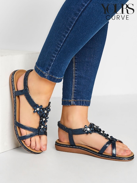 Navy Sininen Glitter - Yours Curve Floral Diamante Studded Sandals (E02801) | €49
