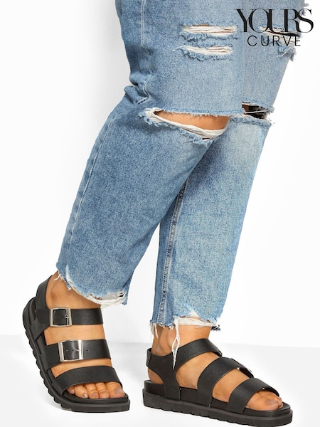 Yours Curve Black Wide Fit Lala Buckle Footbed Sandals (E02863) | R$ 335
