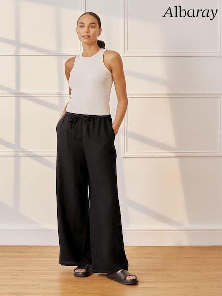 Albaray 100% Linen Drawstring Black Trousers (E02967) | 318 LEI