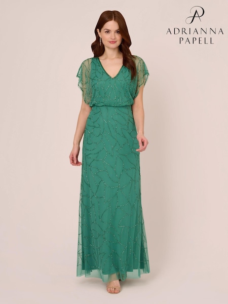 Adrianna Papell Green Beaded Blouson Long Dress (E03065) | 1,482 LEI