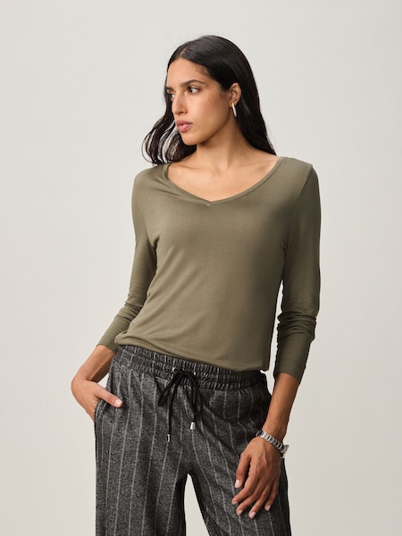 Olive Green Print Slouch V-Neck Long Sleeve T-Shirt (E03090) | €10